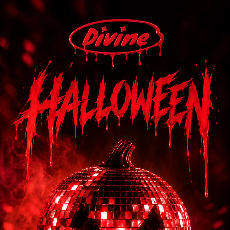 Affiche Halloween at Divine : logo rouge, titre Halloween et boule à facettes démoniaque