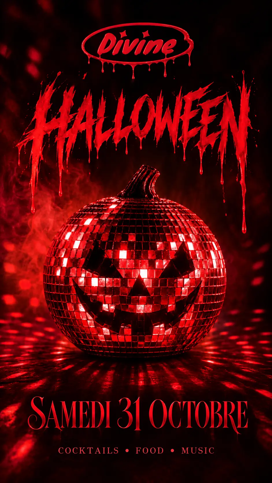 Affiche officielle Halloween at Divine avec boule à facettes démoniaque, samedi 31 octobre