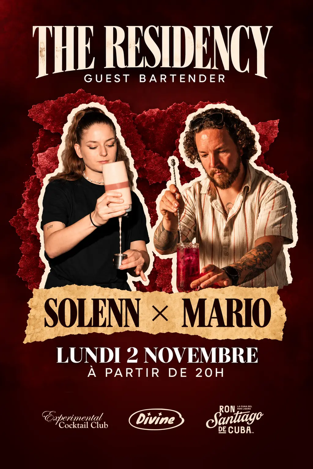 Affiche The Residency : Solenn et Mario, lundi 2 novembre à 20h, avec les logos Experimental Cocktail Club, Divine et Santiago de Cuba